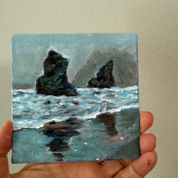 Other - Original Coastal Rock Niniature Acrylic Canvas - Blue and Gray scale 4x4 in
